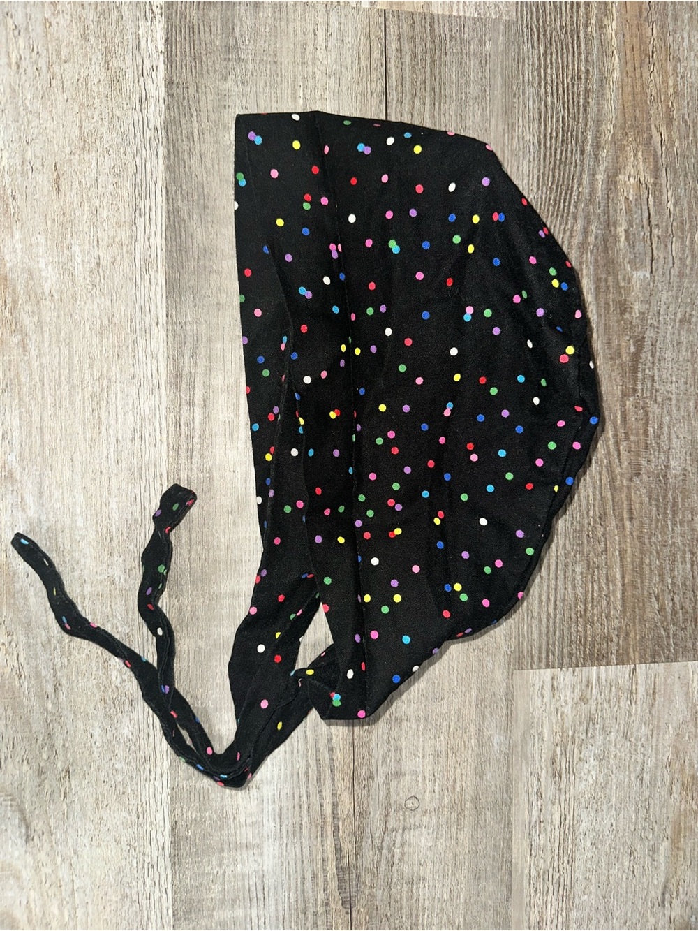 Black with colorful polkadot tie-back surgical cap